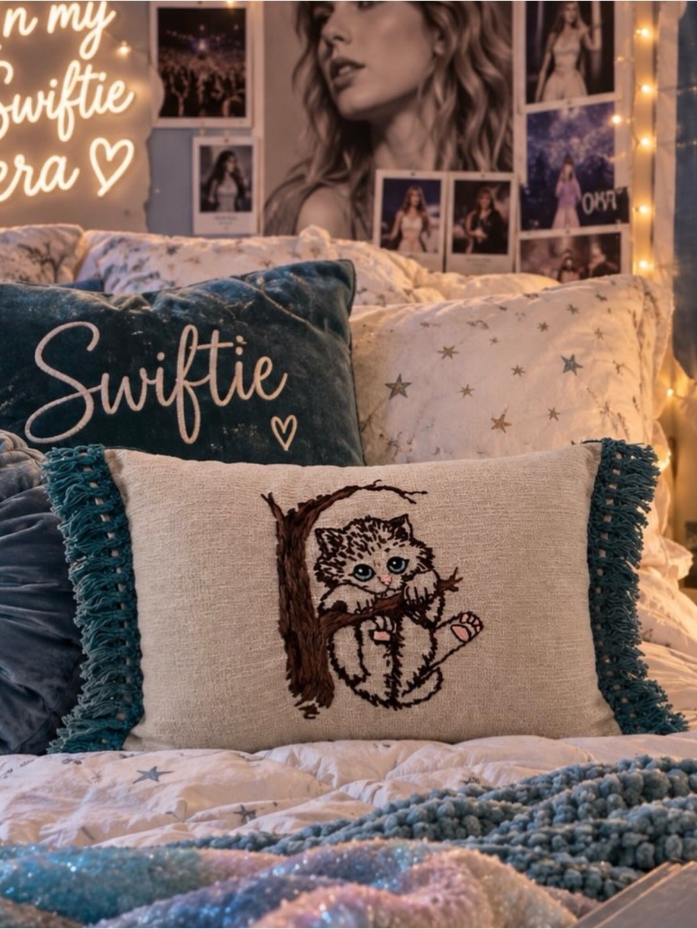 Hand Embroidered “Hang In There Kitten”Opalite Taylor Swift video 12x20 ish